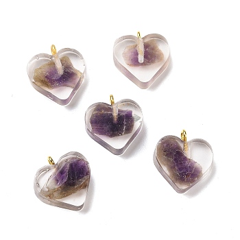 Transparent Resin Natural Amethyst Dyed Chips Pendants, with Golden Tone Brass Loops, Heart Charm, Dark Orchid, 16.5x15.5x6~6.5mm, Hole: 2mm