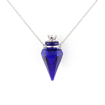 Glass Crown Perfume Bottle Necklaces, Stainless Steel Jewelry for Women, Dark Blue, 17.72 inch(45cm)