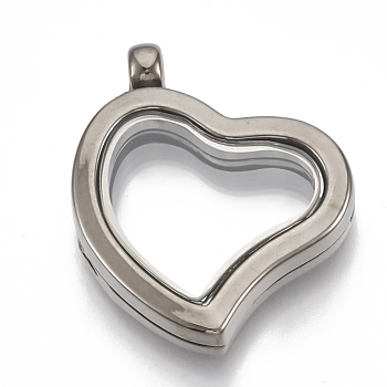 Alloy Magnetic Locket Pendants, with Glass, Heart, Gunmetal, 33x29x6.5mm, Hole: 3mm, Inner Measure: 16x20mm