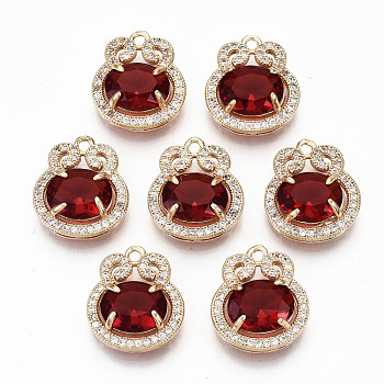 Brass Glass Rhinestone Pendants, with Micro Pave Clear Cubic Zirconia, Long-Lasting Plated, Cadmium Free & Lead Free, Flat Round, Light Gold, Siam, 17x15x6mm, Hole: 1.5mm