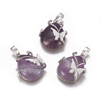 Natural Amethyst Pendants, with Enamel and Brass Findings, teardrop, with Butterfly, Platinum, 30x23.5x12mm, Hole: 10x6mm