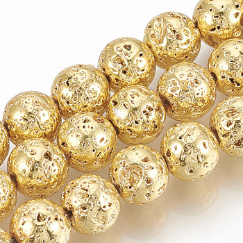 Electroplated Natural Lava Rock Beads Strands, Round, Bumpy, Golden Plated, 9mm, Hole: 1mm, about 47pcs/strand, 15.7 inch
