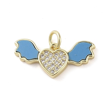 Dyed Synthetic Turquoise Pendants, Brass Micro Pave Clear Cubic Zirconia Heart with Wings Charms, Real 18K Gold Plated, Deep Sky Blue, 10x20.5x2.5mm, Hole: 2.7mm