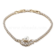Flower Brass Link Bracelet with Clear Cubic Zirconia Tennis Chains, with ABS Plastic Imitation Pearl, Long-Lasting Plated, Golden, 7-1/8 inch(18.2cm)(BJEW-G690-06G)