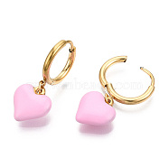 Enamel Heart Dangle Hoop Earrings, Real 18K Gold Plated 304 Stainless Steel Jewelry for Women, Nickel Free, Pink, 28x11.5mm, Pin: 1mm(EJEW-T018-01D)