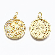 Brass Micro Pave Clear Cubic Zirconia Pendants, with Jump Rings, Nickel Free, Flat Round with Moon and Star, Real 16K Gold Plated, 19x16x3mm, Hole: 3mm(ZIRC-N039-135-NF)
