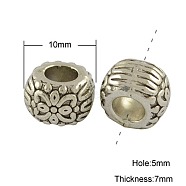 Tibetan Style Alloy European Beads, Large Hole Beads, Cadmium Free & Nickel Free & Lead Free, Rondelle with Flower Pattern, Antique Silver, 10x7mm, Hole: 5mm(X-MPDL-2206-AS-FF)