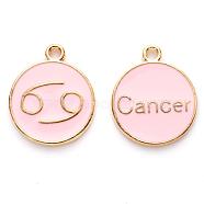 Alloy Enamel Pendants, Cadmium Free & Lead Free, Flat Round with Constellation, Light Gold, Pink, Cancer, 22x18x2mm, Hole: 1.5mm(X-ENAM-S124-01A-09D)