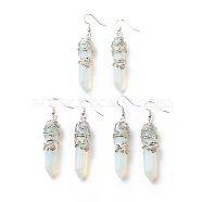 Opalite Bullet with Flower Dangle Earrings, Platinum Tone Brass Jewelry for Women, Cadmium Free & Lead Free, 62~63mm, Pin: 0.6mm(EJEW-G300-02P-04)
