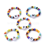 Glass Seed Beads Stretch Finger Rings, with Letter Acrylic Beads, Mixed Color, Size 10, Inner Diameter: 20mm(RJEW-JR00305-M)