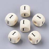Printed Natural Wood Beads, Horizontal Hole, Cube with Initial Letter, PapayaWhip, Letter.I, 10x10x10mm, Hole: 3.5mm, about 1000pcs/500g(WOOD-T026-001I)