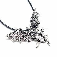 Alloy Pendant Necklaces, with Waxed Cord and Iron End Chains, Dragon, Antique Silver, 17.3 inch(44cm)(NJEW-S381-042)