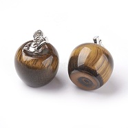 Natural Tiger Eye Pendants, with Alloy Finding, Apple, Platinum, 23x20mm, Hole: 2.5x5mm(G-E513-A01)