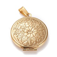 316 Stainless Steel Locket Pendants, Photo Frame Charms for Necklaces, Flat Round with Flower, Real 18K Gold Plated, 32x27x6.5mm, Hole: 3x7mm, Inner Diameter: 19mm(X-STAS-K197-12G)