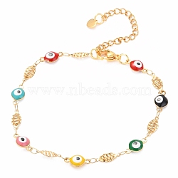 304 Stainless Steel Link Bracelets, with Enamel and Lobster Claw Clasps, Evil Eye & Oval, Colorful, Golden, 7-3/4 inch(19.8cm)(BJEW-O183-14G)