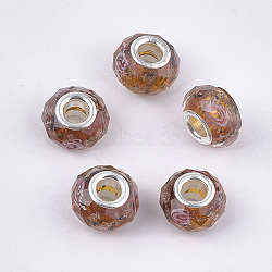 Handmade Gold Sand Lampwork European Beads, Large Hole Beads, with Platinum Tone Brass Double Cores, Faceted, Rondelle, Chocolate, 13.5~14x8.5~9mm, Hole: 5mm(LPDL-T001-03G)