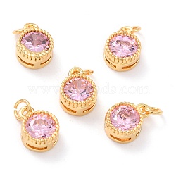 Real 18K Gold Plated Brass Inlaid Cubic Zirconia Charms, with Jump Ring, Long-Lasting Plated, Flat Round, Pink, 9.5x7x4mm, Jump Ring: 4x0.5mm, 2.5mm Inner Diameter(ZIRC-L100-081G-06)