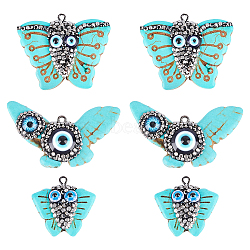 Nbeads 6Pcs 3 Style Synthetic Turquoise Pendants, with Polymer Clay Rhinestones, Evil Eye Resin and Gunmetal Iron Loop, Dyed, Butterfly, Turquoise, 2pcs/style(TURQ-NB0001-04)