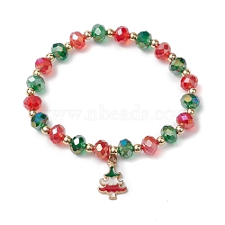 Christmas Theme Glass Beaded Stretch Bracelets, Alloy Enamel Christmas Tree Charm Bracelets for Women & Girl, Mixed Color, Inner Diameter: 2-1/8 inch(5.4cm)(BJEW-TA00540)