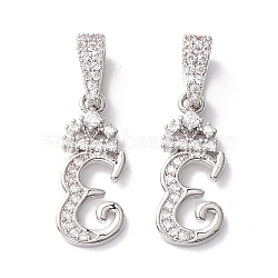 Eco-Friendly Brass Micro Pave Cubic Zirconia Pendants, Long-Lasting Plated, Real Platinum Plated, Cadmium Free & Lead Free, Letter, Letter.E, 16~20x7~11.5x1.5~2.2mm, Hole: 6.5x3.5mm(KK-K265-01P-E)