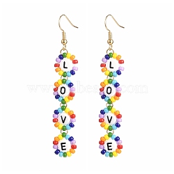 Round Glass Seed Beads Dangle Earrings, with Acrylic Beads and Brass Findings, Flower with Word Love, White, 75mm, Pin: 0.7mm(EJEW-JE04604-01)