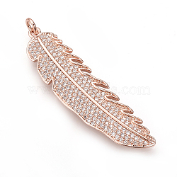 Brass Micro Pave Cubic Zirconia Pendants, with Jump Rings, Feather, Rose Gold, 46.5x12x2mm, Hole: 3mm(ZIRC-Q013-34RG)