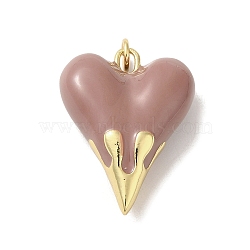 Rack Plating Brass Pendants, with Enamel, Long-Lasting, Lead Free & Cadmium Free, Real 18K Gold Plated, Heart Charm, Rosy Brown, 24.5x19.5x8.5mm, Hole: 3mm(KK-S366-06G-07)