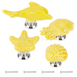 Porcelain Drawer Knobs, with Zinc Alloy Finding and Iron Screw, for Home, Cabinet, Cupboard and Dresser, Mixed Shapes, Yellow, 4sets/bag(FIND-GF0001-21G)
