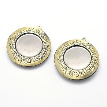 Brass Locket Pendants, Photo Frame Charms for Necklaces, Cadmium Free & Nickel Free & Lead Free, Flat Round, Brushed Antique Bronze, 36x32x6mm, Hole: 2mm, Inner Size: 24mm, Tray: 20mm