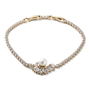 Flower Brass Link Bracelet with Clear Cubic Zirconia Tennis Chains, with ABS Plastic Imitation Pearl, Long-Lasting Plated, Golden, 7-1/8 inch(18.2cm)