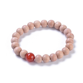 Wood Beaded Stretch Bracelets, with Natural Carnelian Beads, Round, 2-1/8 inch(53mm)