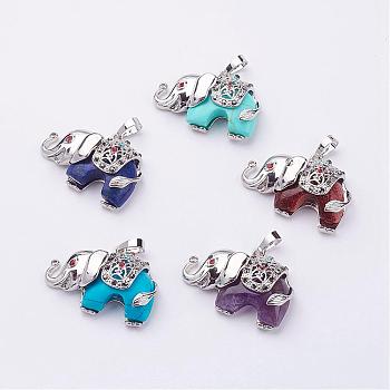 Natural & Synthetic Mixed Stone Pendants, with Rhinestone and Brass Findings, Elephant, Platinum, 25.5x36.5x10mm, Hole: 5x8mm