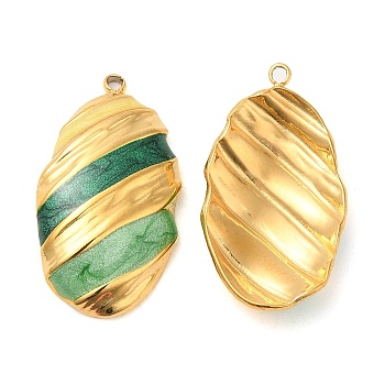 Enamel Pendants, with 304 Stainless Steel Finding, Real 18K Gold Plated, Oval Charm, Light Green, 26.5x14.5x4mm, Hole: 1.4mm