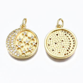 Brass Micro Pave Clear Cubic Zirconia Pendants, with Jump Rings, Nickel Free, Flat Round with Moon and Star, Real 16K Gold Plated, 19x16x3mm, Hole: 3mm