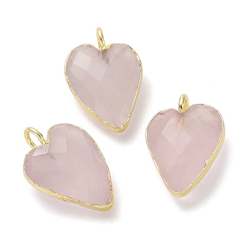 Natural Rose Quartz Pendants, Faceted Heart Charms, with Golden Plated Brass Edge Loops, 18x12x6mm, Hole: 3mm