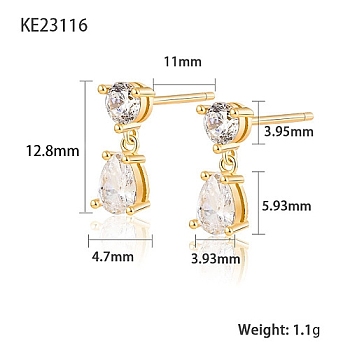 Cubic Zirconia Teardrop Dangle Stud Earrings, Golden 925 Sterling Silver Earrings, Clear, 12.8x3.93~4.7mm