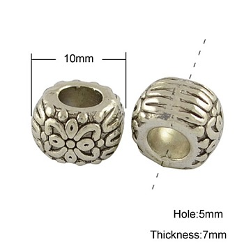Tibetan Style Alloy European Beads, Large Hole Beads, Cadmium Free & Nickel Free & Lead Free, Rondelle with Flower Pattern, Antique Silver, 10x7mm, Hole: 5mm