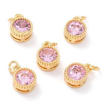 Real 18K Gold Plated Brass Inlaid Cubic Zirconia Charms, with Jump Ring, Long-Lasting Plated, Flat Round, Pink, 9.5x7x4mm, Jump Ring: 4x0.5mm, 2.5mm Inner Diameter