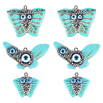 Nbeads 6Pcs 3 Style Synthetic Turquoise Pendants, with Polymer Clay Rhinestones, Evil Eye Resin and Gunmetal Iron Loop, Dyed, Butterfly, Turquoise, 2pcs/style