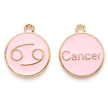 Alloy Enamel Pendants, Cadmium Free & Lead Free, Flat Round with Constellation, Light Gold, Pink, Cancer, 22x18x2mm, Hole: 1.5mm