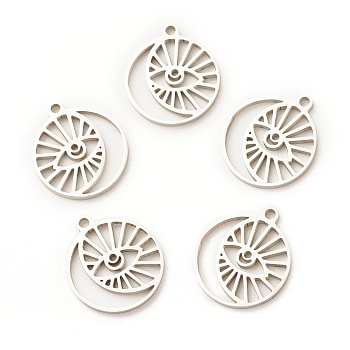 201 Stainless Steel Pendants, Flat Round with Eye & Moon, Stainless Steel Color, 17x14.5x1mm, Hole: 1.5mm