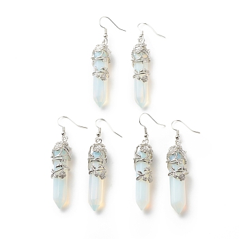 Opalite Bullet with Flower Dangle Earrings, Platinum Tone Brass Jewelry for Women, Cadmium Free & Lead Free, 62~63mm, Pin: 0.6mm