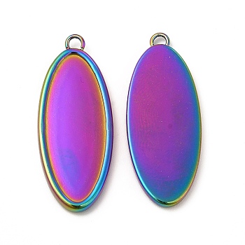 Ion Plating(IP) 304 Stainless Steel Pendant Cabochons Settings, Oval, Rainbow Color, Tray: 26x10mm, 30.5x12x2mm, Hole: 1.5mm