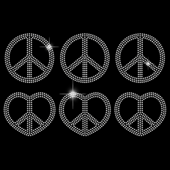Glass Hotfix Rhinestone, Iron on Appliques, Costume Accessories, for Clothes, Bags, Pants, Heart, Peace Sign, 297x210mm