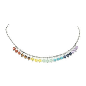 Natural & Synthetic Mixed Gemstone Round Charms Bib Necklace with 304 Stainless Steel Chains, Chakra Necklace for Women, 15.63 inch(39.7cm)