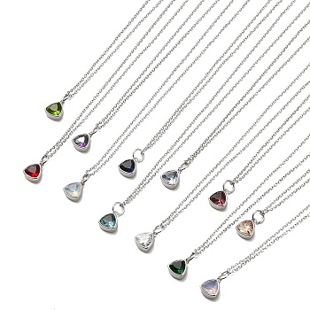 Triangle Cubic Zirconia Pendant Necklaces, 304 Stainless Steel Cable Chain Necklace for Women, Stainless Steel Color, Mixed Color, 17.91 inch(45.5cm)
