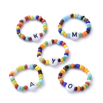 Glass Seed Beads Stretch Finger Rings, with Letter Acrylic Beads, Mixed Color, Size 10, Inner Diameter: 20mm