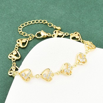 Brass Micro Pave Clear Cubic Zirconia Link Chain Bracelets for Women, Rack Plating, Long-Lasting Plated, Lead Free & Cadmium Free, Real 18K Gold Plated, Heart, 7-1/2 inch(19cm)