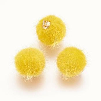 Handmade Plush Cloth Fabric Covered, with CCB Plastic Findings, Round, Golden, Yellow, 17x15mm, Hole: 1.5mm