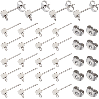 50Pcs 304 Stainless Steel Stud Earring Findings, with Ear Nuts and Horizontal Loops, Cube, Stainless Steel Color, 6x3mm, Hole: 1.8mm, Pin: 0.5mm